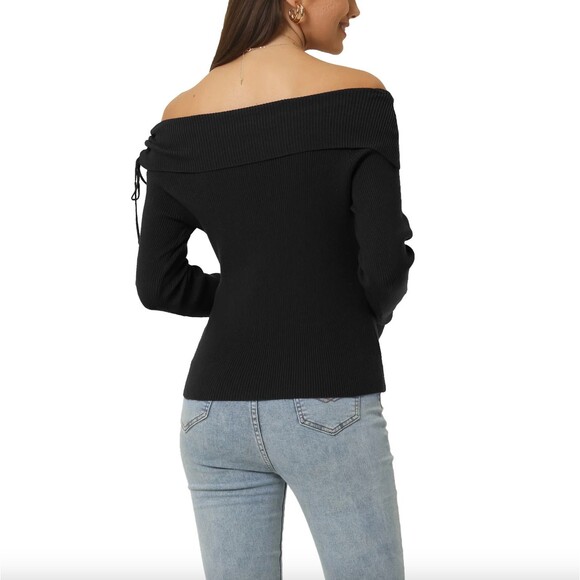 New Seta T Women's Off Shoulder Ribbed Knit Casual Long Sleeve Solid Sweater, S - Picture 3 of 4